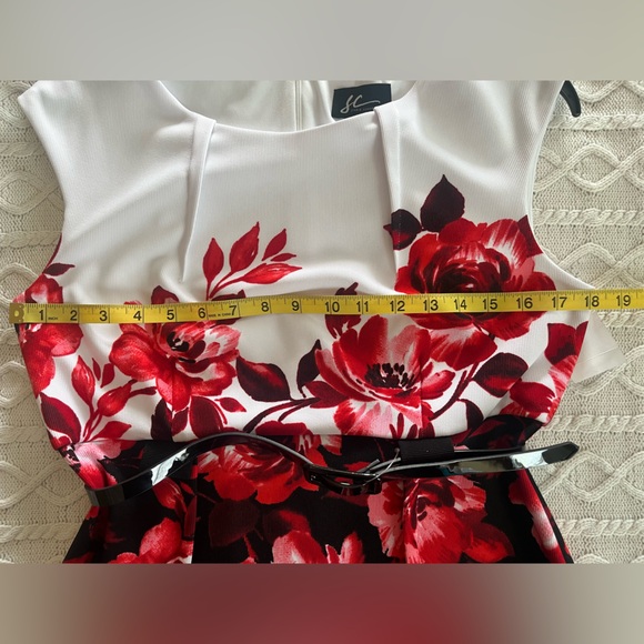 Studio Connection Belted White & Black Floral Dress with Red Rose Print Size 8 - Picture 14 of 14